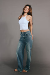 修胯藏肉錐形牛仔褲<br>Brushed denim Wide-Leg Pants