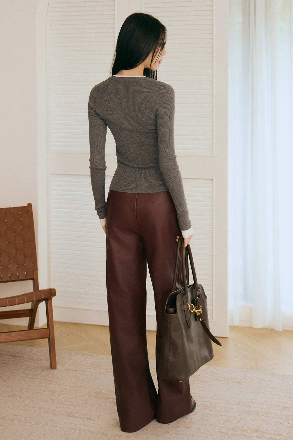 皮革側拉鍊寬褲<br>Faux Leather Wide-Leg Pants