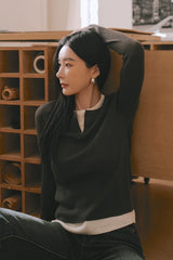 假兩件V領長袖針織上衣<br>Faux Two-Piece V-Neck Sweater