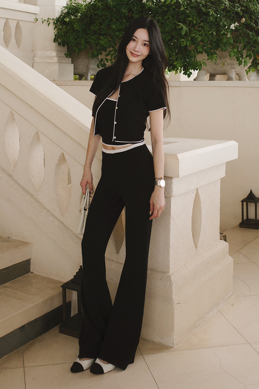 冰紗撞色滾邊長腿喇叭褲<br>Contrast Trim Knit Flare Pants