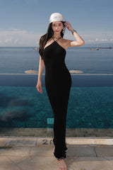 輕氧針織荷葉繞脖襯墊長洋裝<br>Wide Ribbed Knit Ruffled Hem Halter Maxi Bra Dress