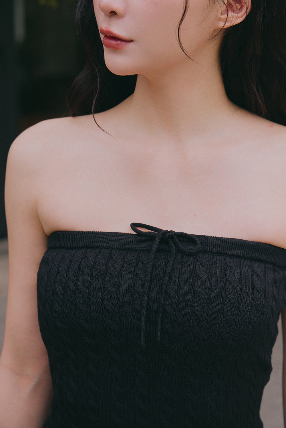 午後漫步麻花花邊平口襯墊短洋裝<br>Afternoon Walk Knit Ripple Trim Strapless Flare Mini Bra Dress