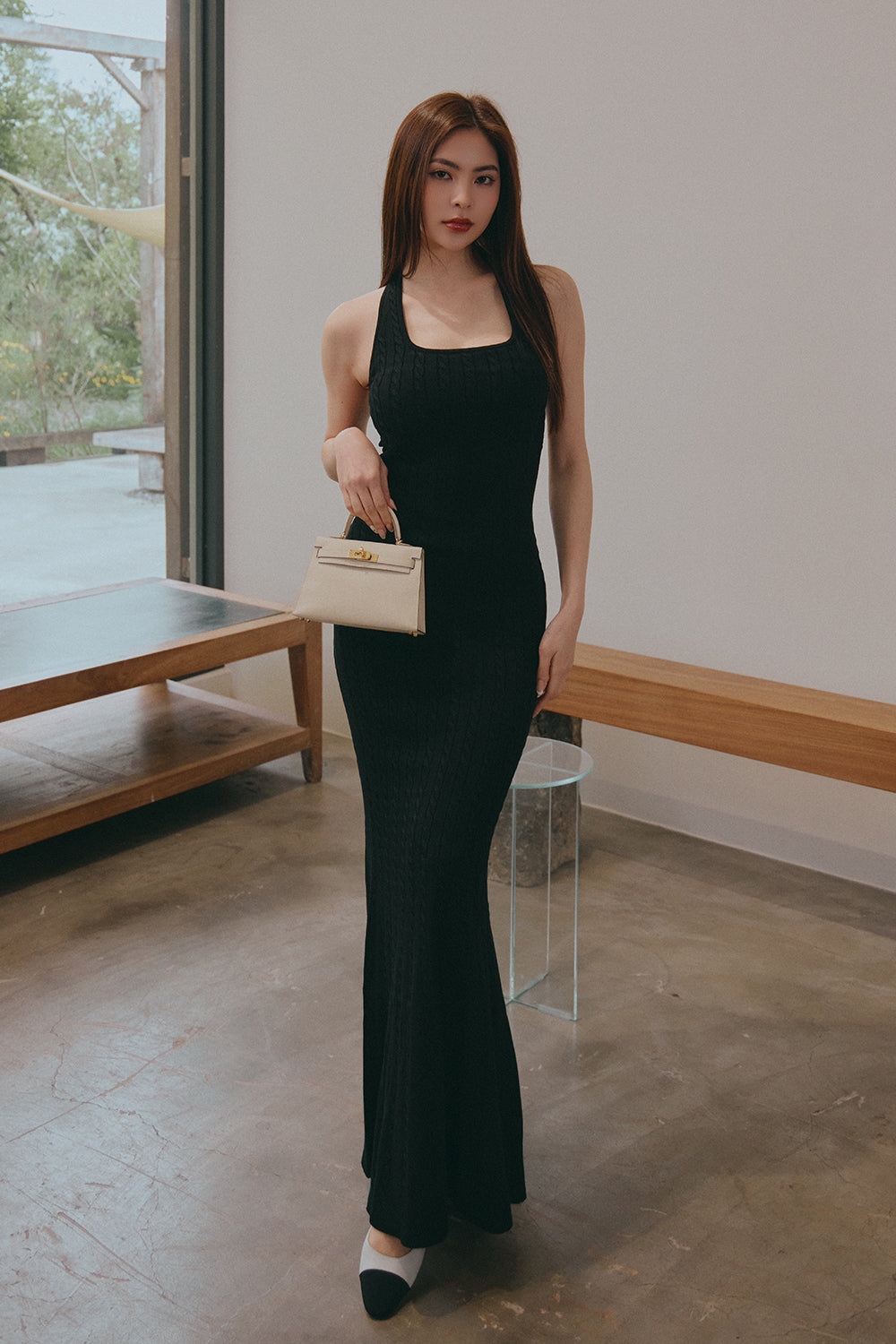 午後漫步麻花繞脖魚尾襯墊長洋裝<br>Afternoon Walk Knit Halter Fishtail Maxi Bra Dress