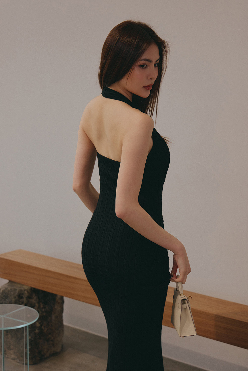 午後漫步麻花繞脖魚尾襯墊長洋裝<br>Afternoon Walk Knit Halter Fishtail Maxi Bra Dress