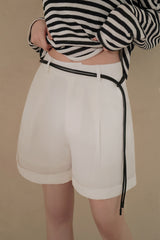 【預購】亞麻反褶短褲（附腰帶）<br>Linen Cuffed Shorts with Tie Belt