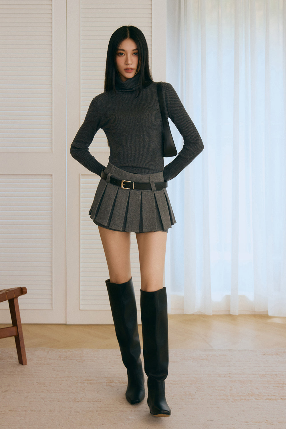 高領針織羊毛長袖上衣<br>High Neck Ribbed Long Sleeve Top