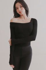 一見鍾情羅紋露肩長袖襯墊上衣<br>Elegant Rib Knit Asymmetric One-Shoulder Long Sleeve BraTop