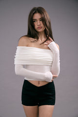 極柔天絲一字領長袖襯墊上衣<br>Tencel Wool Off-Shoulder Long Sleeve BraTop