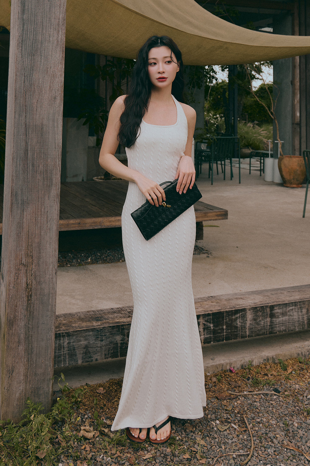 午後漫步麻花繞脖魚尾襯墊長洋裝<br>Afternoon Walk Knit Halter Fishtail Maxi Bra Dress