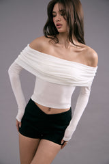極柔天絲一字領長袖襯墊上衣<br>Tencel Wool Off-Shoulder Long Sleeve BraTop