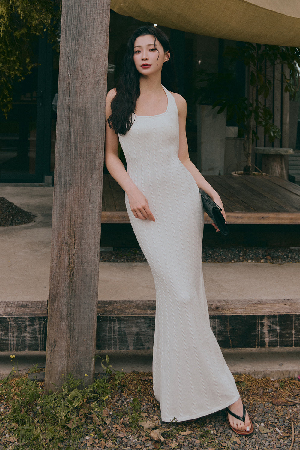 午後漫步麻花繞脖魚尾襯墊長洋裝<br>Afternoon Walk Knit Halter Fishtail Maxi Bra Dress
