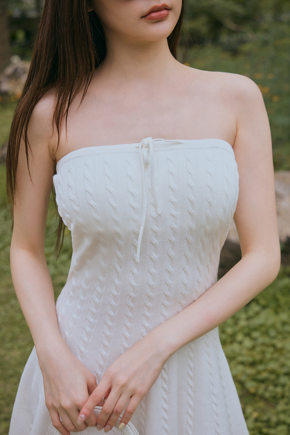 午後漫步麻花花邊平口襯墊短洋裝<br>Afternoon Walk Knit Ripple Trim Strapless Flare Mini Bra Dress