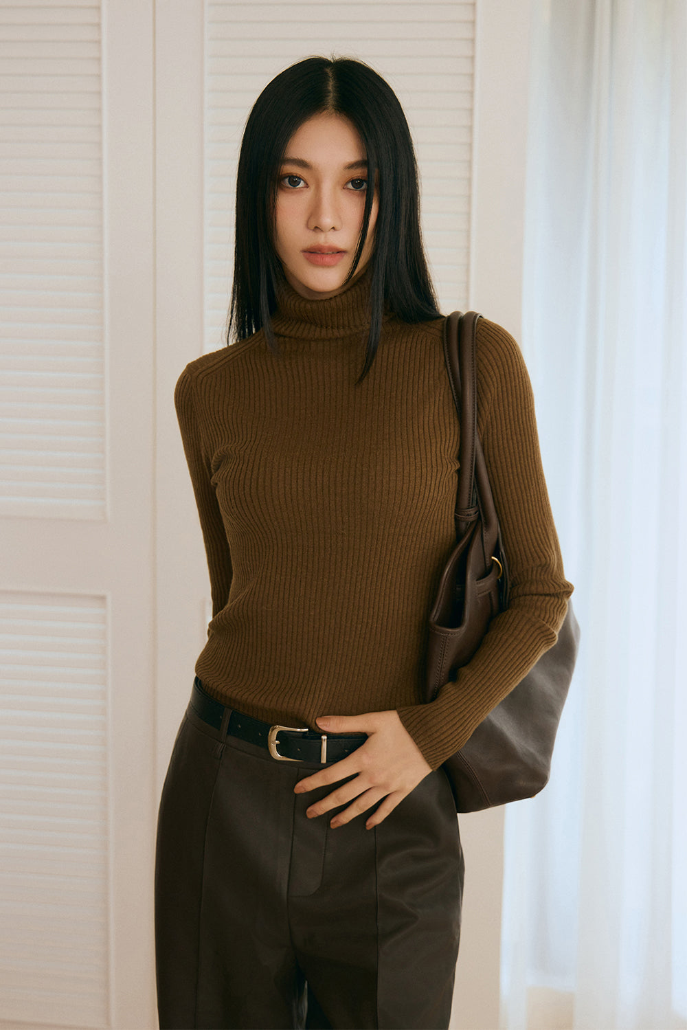 高領針織羊毛長袖上衣<br>High Neck Ribbed Long Sleeve Top