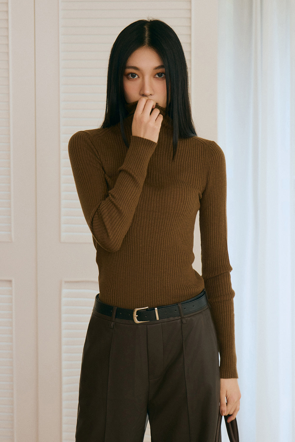 高領針織羊毛長袖上衣<br>High Neck Ribbed Long Sleeve Top