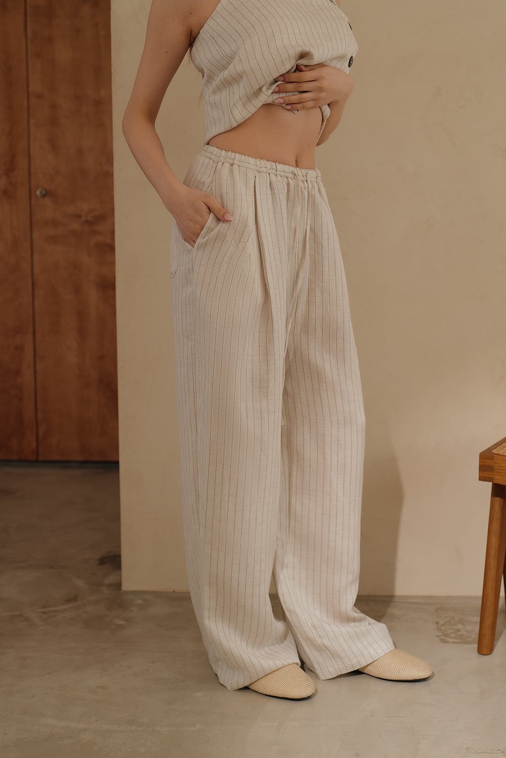 【預購】棉麻條紋綁帶寬褲<br>Cotton-Linen Striped Tie-Waist Wide-Leg Pants